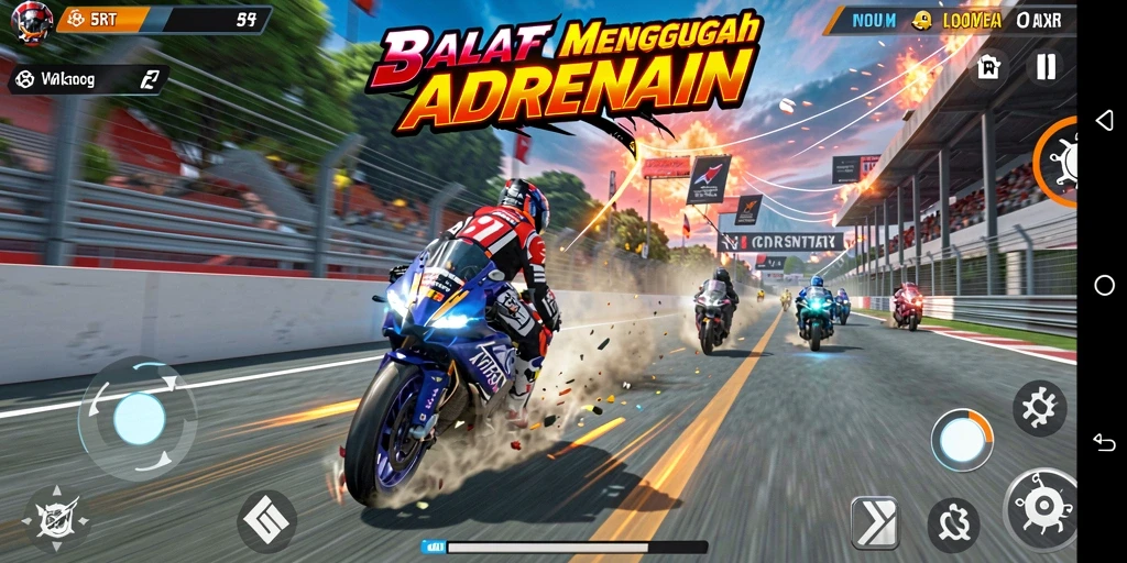 Tampilan gameplay balap motor yang seru dalam 5RT.