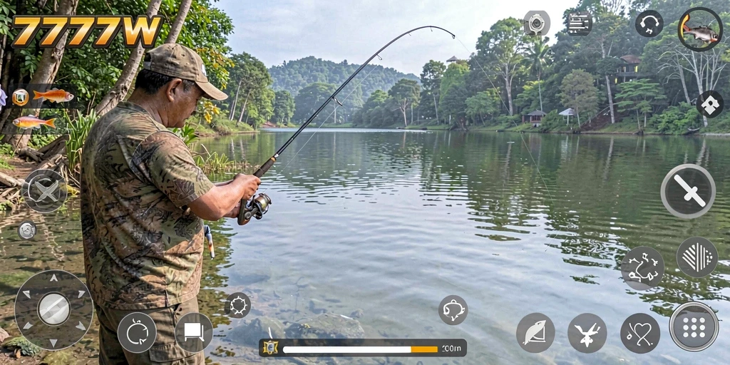 Tampilan gameplay 7777W dengan berbagai lokasi memancing yang menarik.
