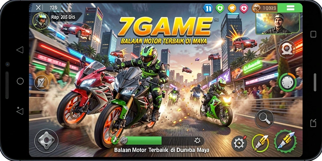 Gameplay 7GAME yang menegangkan dengan sepeda motor balap.