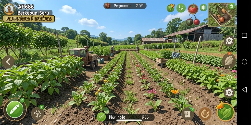 Screenshot gameplay AP686 dengan suasana pertanian yang indah.