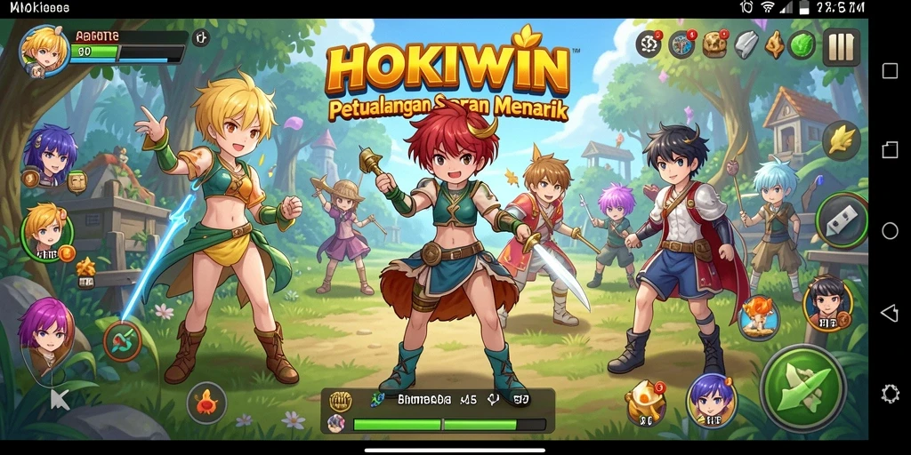 Tangkapan layar gameplay HOKIWIN menampilkan karakter Anime yang dinamis.
