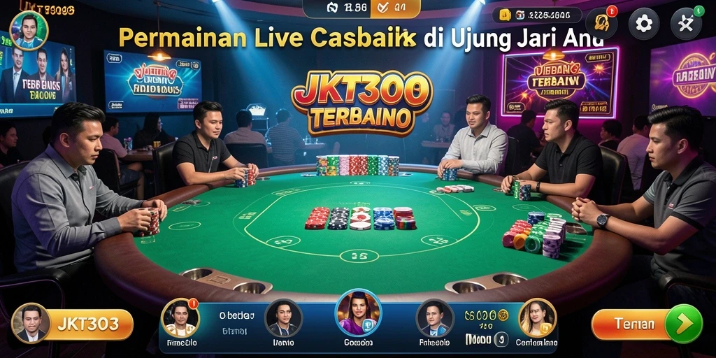 Screenshot JKT303 menampilkan dealer langsung dan suasana permainan kasino yang nyata.