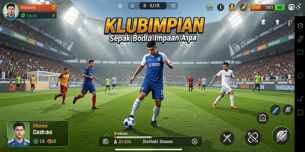 Tampilan gameplay seru dalam KLUBIMPIAN yang menggambarkan pertandingan sepak bola.