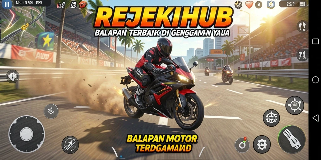 Tangkapan layar gameplay <strong>REJEKIHUB</strong> yang menampilkan aksi balapan motor yang intens.