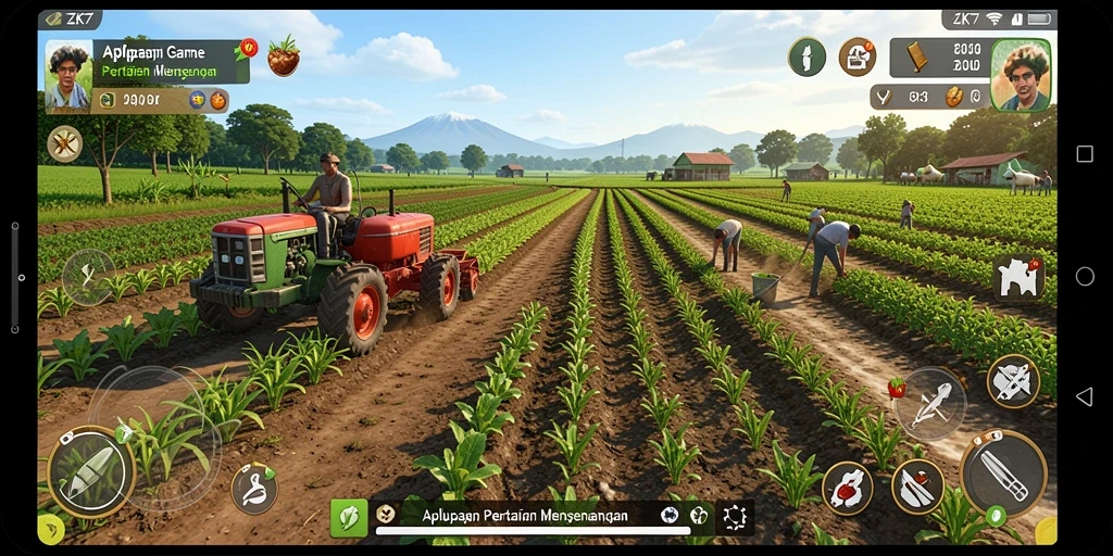 Tampilan gameplay ZK7 dengan aktivitas bertani yang seru.
